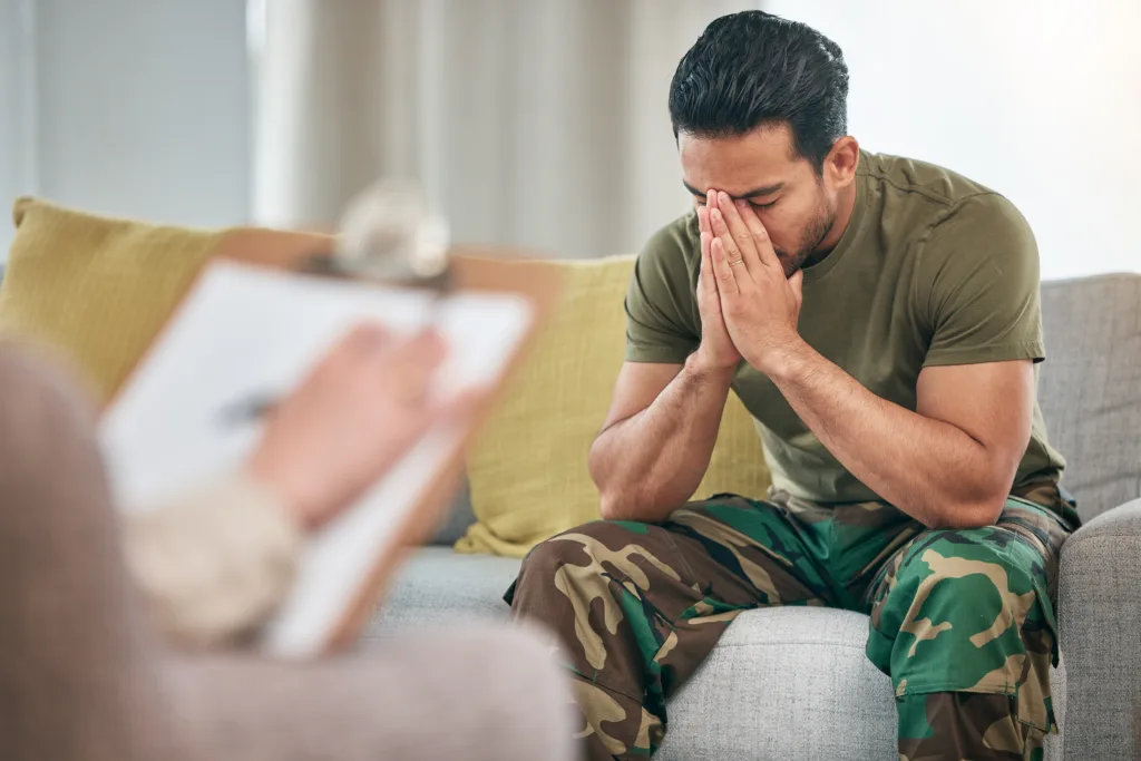 Military man, depression and therapist for counselling and support for mental health. Stress, consultation and army veteran with trauma for therapy at psychologist person for problem and help